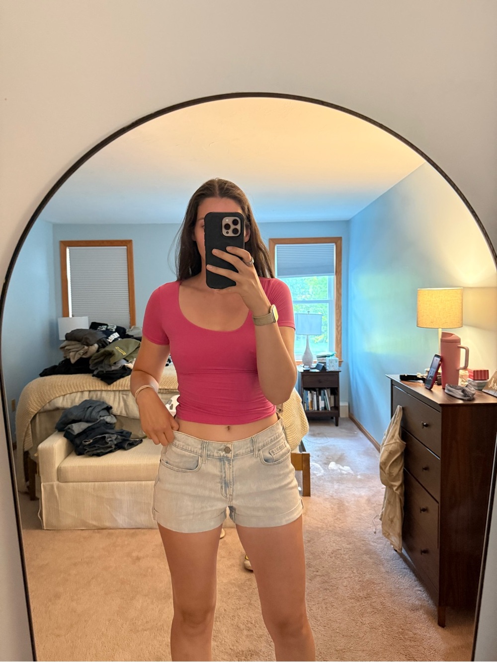 Scoop Neck Short Sleeve Crop Top in Hot Pink